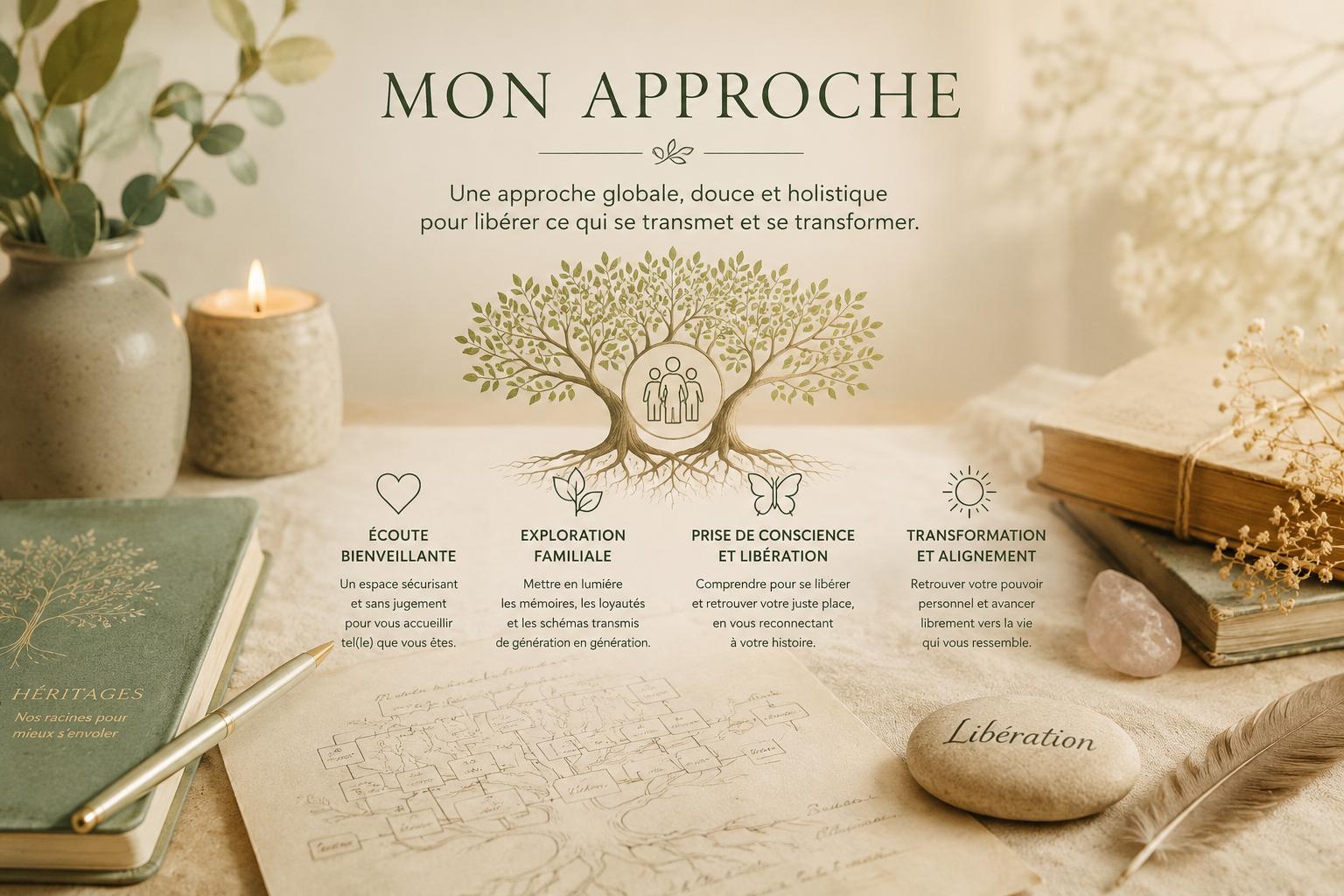 Schéma de l'approche : écoute bienveillante, exploration familiale, prise de conscience et libération, transformation et alignement, symbolisés autour d'un arbre généalogique.